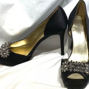 Nine West Black Satin Rhinestone Formal Peep Toe Pumps 8.5M